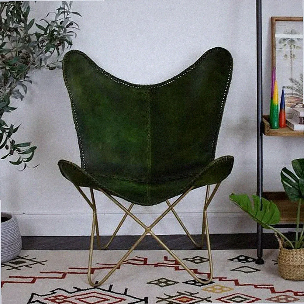 2 Handmade Green Genuine Leather Butterfly Relax Chair Folding Iron Fra Plw