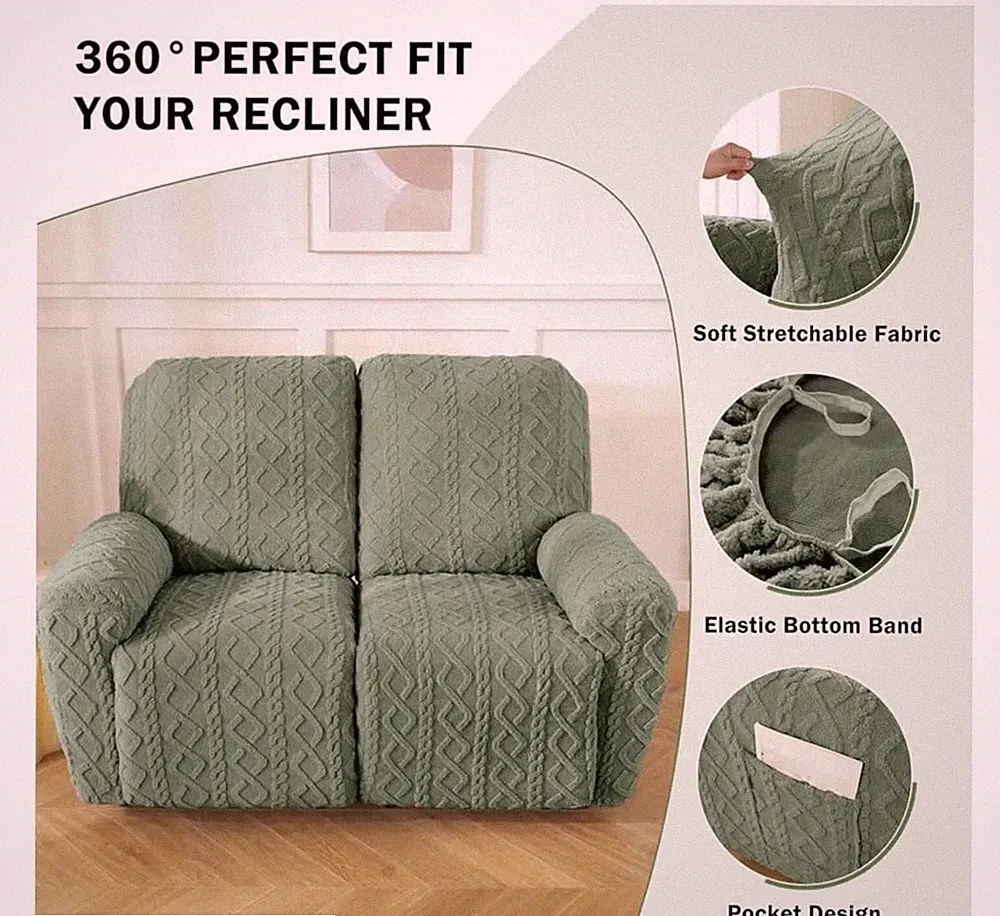 6 Pc Geometric Plush Recliner Loveseat Slipcovers Soft Fuzzy Fluffy-Sage Green