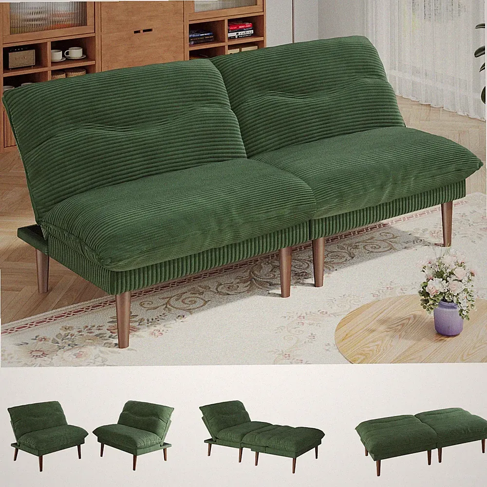 75" Futon Convertible Sofa Bed Corduroy Loveseat Sleeper Couch Living Room Green