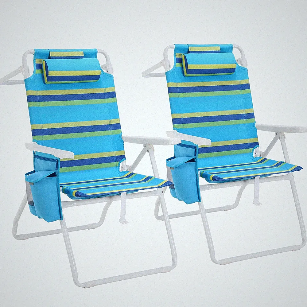 Backpack Beach Chairs, Folding High Back Beach Chair w/ 5-Position Lay Flat