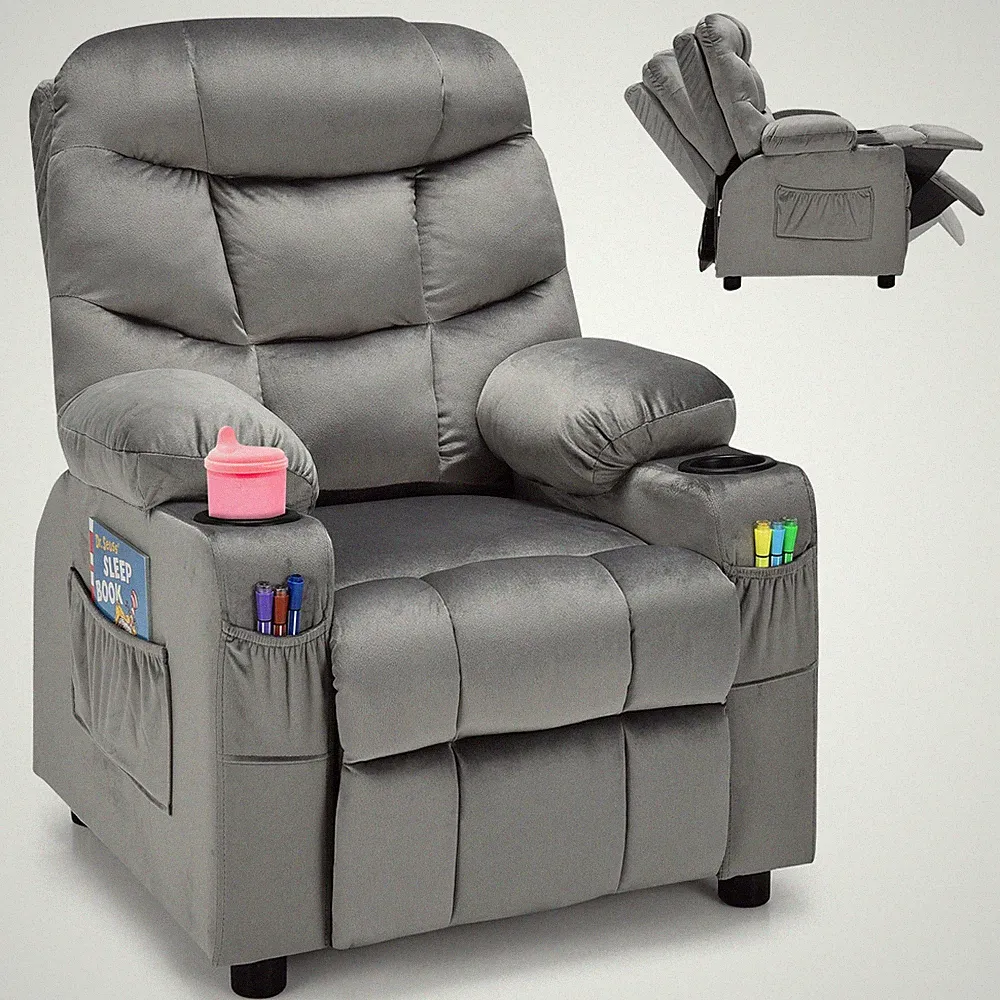 Honeyjoy Kids Youth Recliner Chair Velvet Fabric w/Cup Holder & Side Pocket