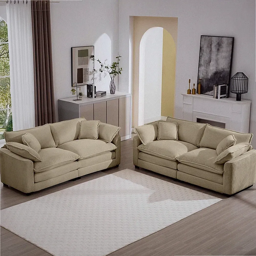 Modern 2-Piece Tan Corduroy Fabric Deep Seat Reclining Sofa Set, 4-Seater