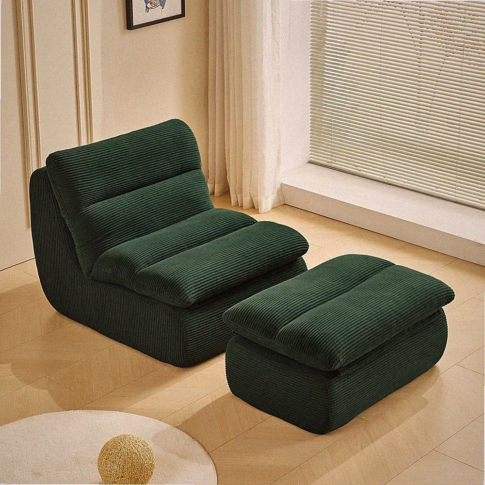 Modern Compressed Lounge Chair with Ottoman, Cozy Corduroy Recliner for Small