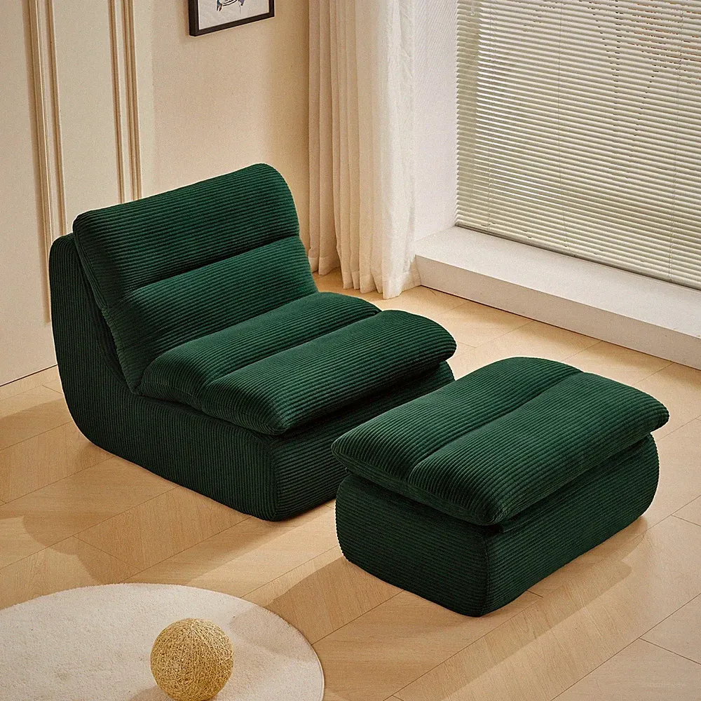 Modern Compressed Sofa Chair Corduroy Armless Chairs w/ Ottoman for Small Spaces