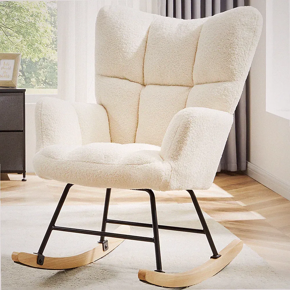 Nursery Teddy Upholstered Recliner Glider Rocker Chair with High Backrest