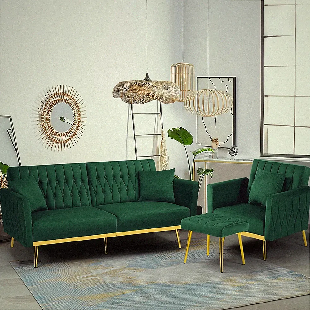 Velvet Sofa Set with Adjustable Armrest & Futon Bed, Green Accent Chair & Ottoma
